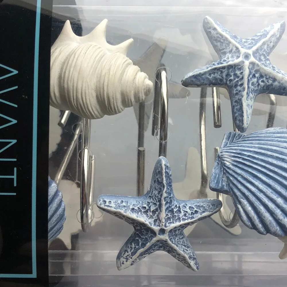 Avanti Home Abstract Coastal Shower Curtain Hooks Set of 12 Blue White‎ Beach